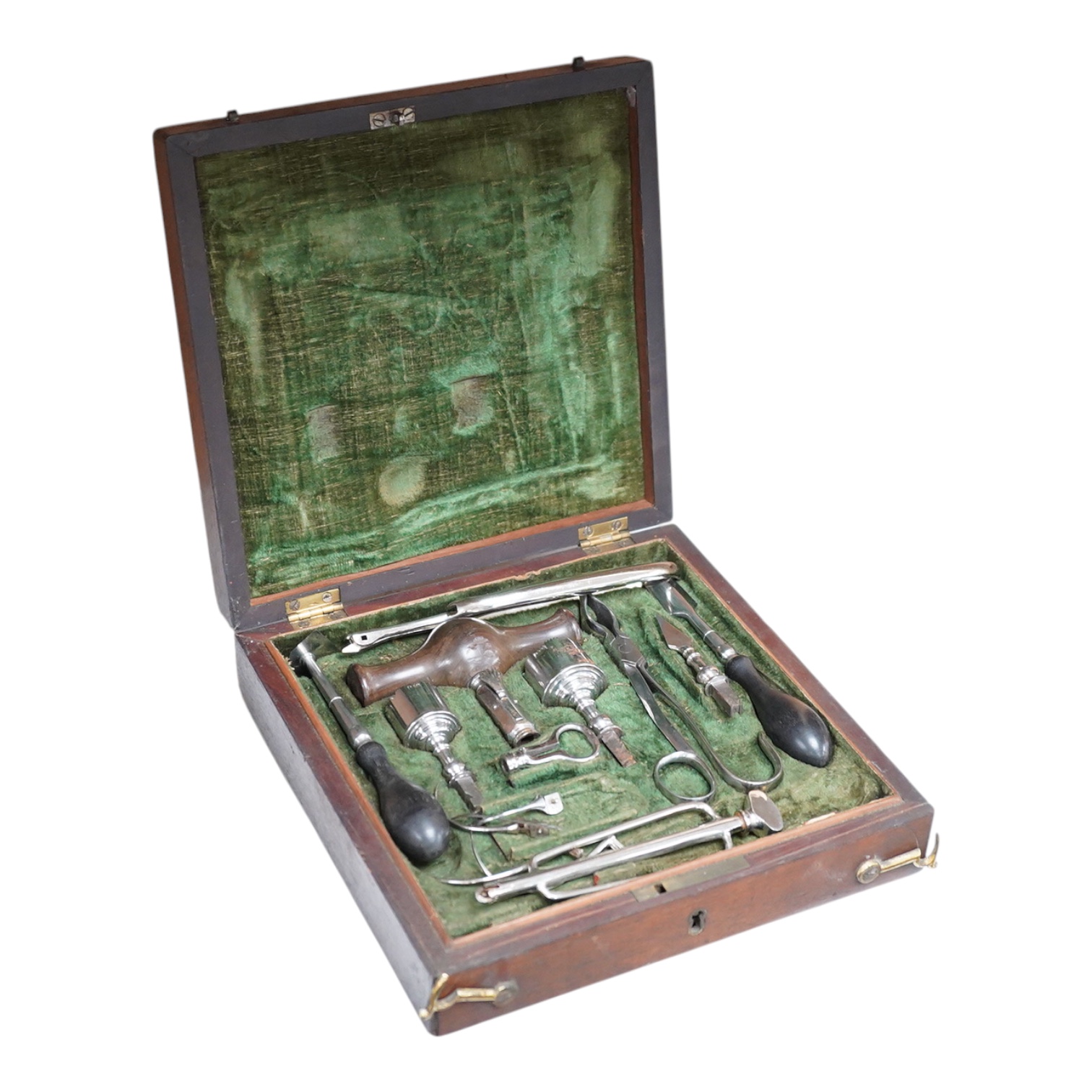 A mahogany cased Georgian medical trepanning set by William Haseldine Pepys FGS FRS (1775-1856), comprising steel drill bits, tool holders, forceps, etc. the forceps stamped W. Pepys, dimensions of the case; 20cm wide, 5